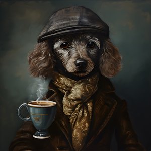一只有文化的贵宾犬喝一杯茶，穿着高领毛衣和平帽，烟熏背景1