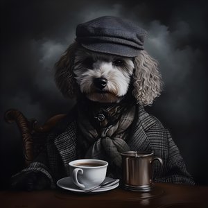 一只精致的贵宾犬正在喝茶，身穿高领毛衣，头戴平顶帽，烟熏背景 2