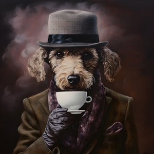 一只有文化的贵宾犬喝一杯茶，穿着高领毛衣和平帽，烟熏背景3