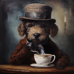 一只精致的贵宾犬正在喝茶，身穿高领毛衣，头戴平顶帽，烟熏背景 4