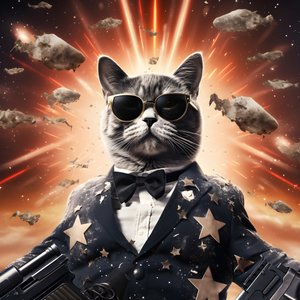 一只身穿黑白圆点衬衫、戴着闪亮墨镜的猫的电影海报，背景是爆炸和大炮 4