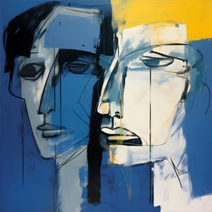 蓝色背景下的双头绘画 4 作者 Kurt Heppke
