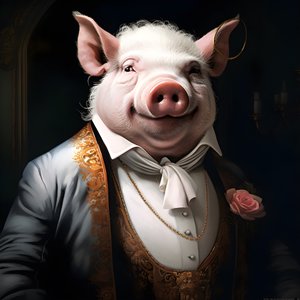 Kalter und herrschsuechtiger anthropomorpher Schweineplantagenbesitzer, stechende Augen, fetter molliger Koerper, Zigarre in der Hand, exquisiter schicker suedlaendischer weißer Anzug und Weste, Taschenuhr an einer Kette, Monokel, weißer Filzhut,  Nahaufna