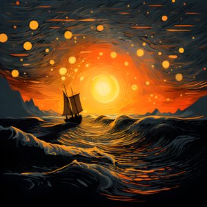 夕阳，橙黄色的太阳，云彩，大天空中五个旋转的云圈，针尖的波浪和橙黄色的晚霞倒映在海浪上，一艘船出海1