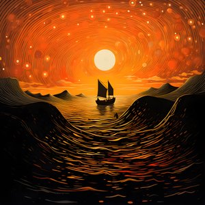 夕阳、橙黄色的太阳、云彩、大天空中五圈旋转的云彩、点点波浪和橙黄色的夕阳云彩倒映在波浪上、一艘船驶向大海 2