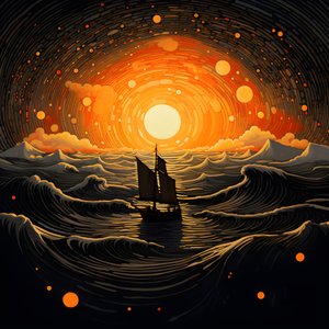 日落，橙黄色的太阳，云彩，大天空中五个旋转的云圈，针尖的波浪和橙黄色的晚霞倒映在海浪上，一艘船出海3