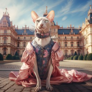 以富丽堂皇的中世纪风格宫殿为背景，身着舞会礼服的斯芬克斯猫 1