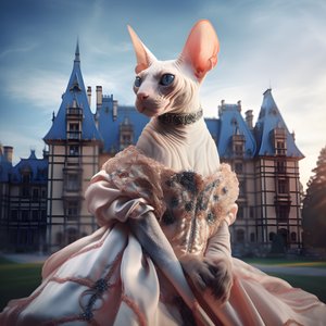 身着舞会礼服的斯芬克斯猫，以宏伟的中世纪风格宫殿为背景 3