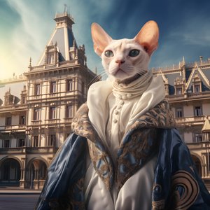 身着舞会礼服的斯芬克斯猫，以宏伟的中世纪风格宫殿为背景 4