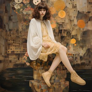 身穿蓝色连衣裙和高筒滑板鞋的少女，坐在河流流经的废墟中 2