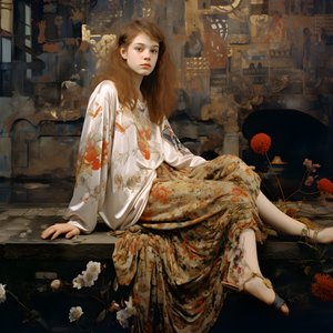 身着蓝色连衣裙和高筒滑板鞋的少女，坐在河流流经的废墟中 4