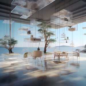 中间有岛台的透明建筑 3