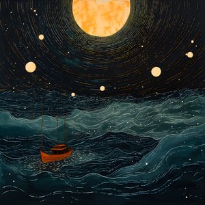两艘小船静静地在墨黑的海水中滑行，驶向漩涡中的卡律布迪斯，满月是北海空旷世界中唯一的光亮。2