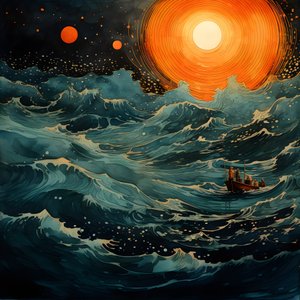 两艘小船静静地在墨黑的海水中滑行，驶向漩涡中的卡律布迪斯，满月是北海空旷世界中唯一的光亮。3