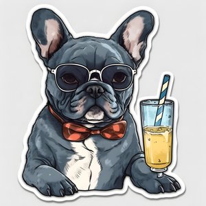 贴纸，酷法国斗牛犬，喝鸡尾酒 4