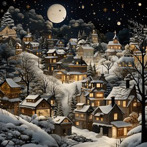夜晚的村庄在白雪覆盖的树下 2