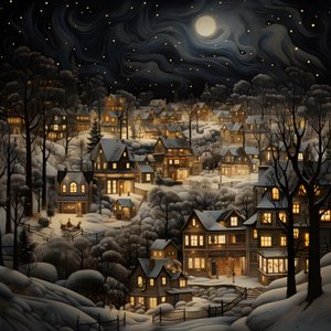 夜晚的村庄在白雪覆盖的树下 4