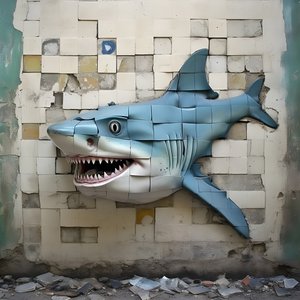 旧墙上的画脸蓝鲨 3 作者 Kurt Heppke