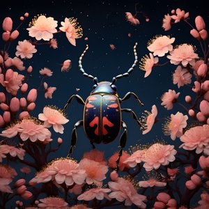 背景为蘑菇的甲虫插图 2