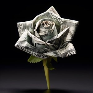 用 100 美元纸币做成的玫瑰花，电动的是 2 美元