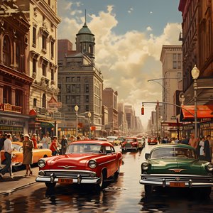 50 年代的城市，红色汽车 3