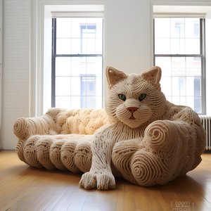 逼真客厅里的巨型钩针猫 1