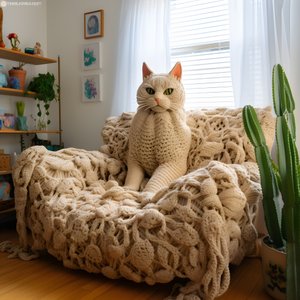 现实客厅里的一只巨大的钩针猫 3