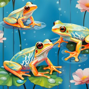 一幅漂亮的橙色和黄色卡通青蛙画的无缝图案，坐在水彩2水雨的百合叶上