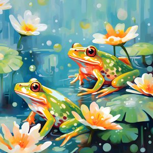 漂亮的橙色和黄色卡通青蛙坐在百合花叶子上的水雨画的无缝图案，来自水彩画 3