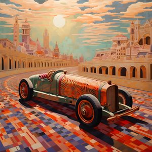 美丽、优雅、简约、绗缝杰作，采用 Shepard Fairey 的艺术风格::1 纪念 1940 年摩纳哥大奖赛，历史悠久的赛车相互竞争。 4