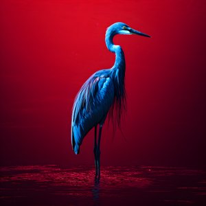 红纸上异国情调的钴蓝色白鹭的合成波数字美术作品 1 作者 Kurt Heppke