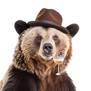 白色背景上一只戴着高帽的熊，正面和侧面有一个啤酒杯 3