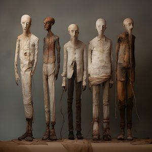四个并排站立的泥人人物 4