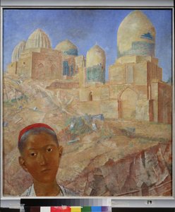 La necropole Shah I Zinda.萨马尔坎德（乌兹别克斯坦）。库兹马-谢尔盖耶维奇-彼得罗夫-沃德金（彼得罗夫-沃德金）（Kouzma Petrov Vodkine）（彼得罗夫-沃德金）（1878-1939 年）的绘画，纸上水彩。 作者 库兹马·谢尔盖维奇·彼得罗夫·伏特金
