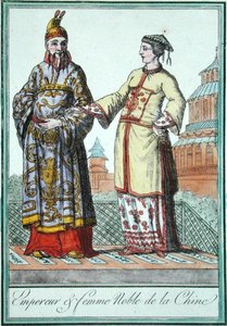 中国皇帝和贵族妇女，出自儒勒-格拉塞-德-圣-索韦尔（1757-1810）的服装研究之一 1796年（彩色雕刻）。