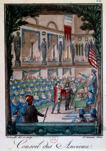 目录：“”Le Conseil des Ancients”” 雕刻自“” Mors et coutumes du people francais ””，Labrousse 雕刻。 18 世纪巴黎，B.N.