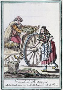Poissarde de Bordeaux disputing with an oyster merchant from the head of Buch - in “” Encyclopedia of travels”” by J. Grasset St Sauveur, Deron, Paris 作者 LF Labrousse