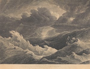取自 1804 年绘制的素描，当时马达加斯加和好望角之间发生风暴，印度洋轮船 "威尔士亲王号 "在风暴中完全沉没，约 1804 年（蚀刻版画）。 作者 L. Hastings