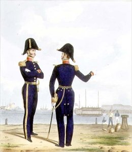 马斯特斯，《皇家海军和海军陆战队的服装》中的第10版，由艺术家们雕刻，约1830-37年（彩色平印）。 作者 L.和Eschauzier St. Mansion