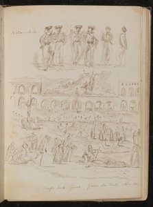 六个“撒丁岛水手”，一个标有“Cruifo Santo - Genoa”的教堂和墓地的广阔场景。 Giorno dei Morti。 11 月 2 日 -m 1859