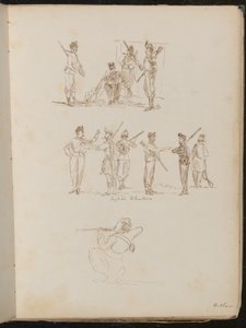 研究手持武器的士兵，刻有“英国志愿者”，研究蹲伏士兵举起猎枪（钢笔和墨水）