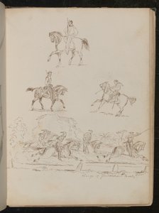 马背上的士兵研究，集体场景题写“加里波第骑兵的冲锋”（笔墨）