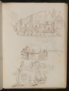 一个花园和洗衣房，上面有女性人物，上面刻着“ Genoese Well”，对四个人物的研究中，“晚餐时写着“ Manenti的家人”