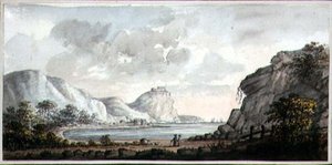 俯瞰海湾的风景与两个人物，约1825年（纸上水彩画） 作者 埃格顿夫人