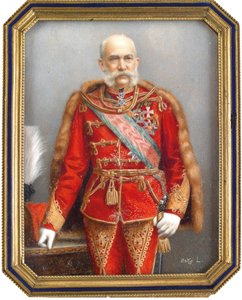 身着匈牙利制服的奥地利国王弗朗西斯·约瑟夫一世（1830-1916 年）的肖像。 拉约斯·奥斯科（Lajos Osko，1865-1922 年）的作品，水彩画和水粉画于号角上。 匈牙利艺术，学术艺术。 私人收藏。 作者 Lajos Osko