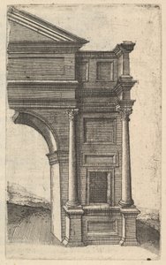 一座拱门的一半[Porta Antonae]，来自 "Ruinarum variarum fabricarum delineatione... "系列，1554。 作者 兰伯特·苏维乌斯