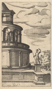 建筑物[Sepulchrum Adriani]的局部视图，来自 "Ruinarum variarum fabrica... "系列，1554。 作者 兰伯特·苏维乌斯