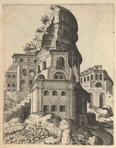 垂直景观与维纳斯和罗马神庙的废墟，来自 "Ruinar... "系列，1554。