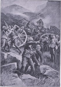 一把枪翻倒在山坡上，来自比勒陀利亚：游击队战争由Harmsworth Bros Limited出版，1901年 作者 兰斯洛特速度