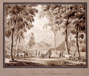 约瑟芬·德·博哈奈 (Josephine de Beauharnais) 的早餐，摄于 1810 年，摄于 Cervos。 Theodore Turpin De Crisse (1782-1859) 作画